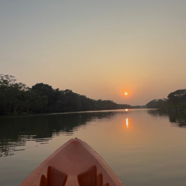Kayak bow on still water at sunrise on the river at Wilpattu