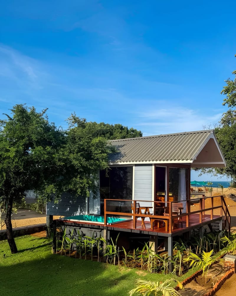 A raised timber villa at Arugam Bay with its private plunge pool and deck, the ocean beyond